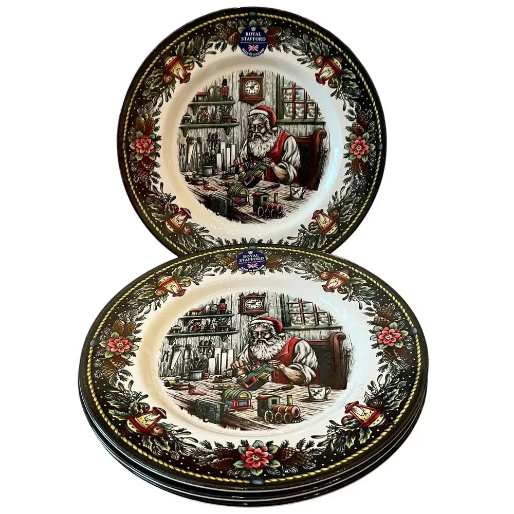 Royal Stafford SANTA'S WORKSHOP 11in Dinner Plate Set of 4 Holiday Porcelain New